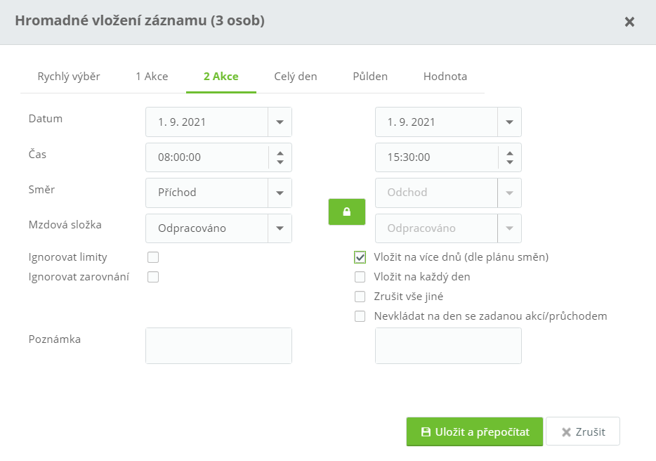 Obr. 19: Hromadné vložení záznamu – parametry záznamu 2 Akce